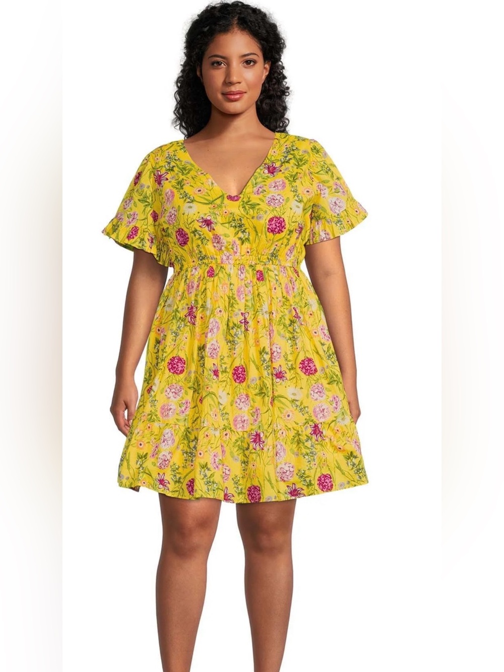 Yellow Floral V-Neck Midi Dress